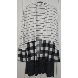 Black & White Buffalo Plaid Open Front Duster Long Cardigan with Stripes Haptics